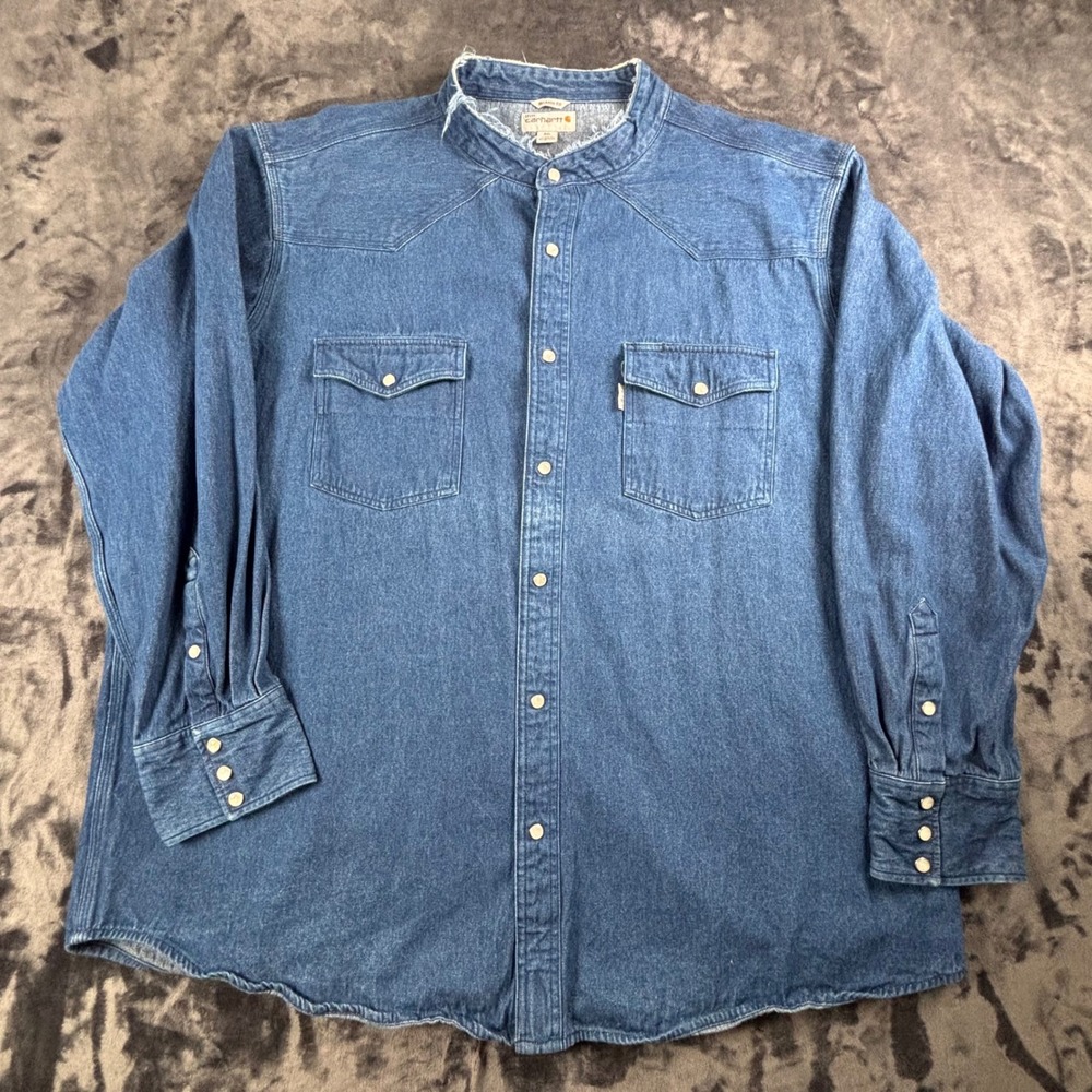 Carhartt Denim Shirt Mens 3XL Blue Frayed Collar Western Snap Relaxed Fit 100083